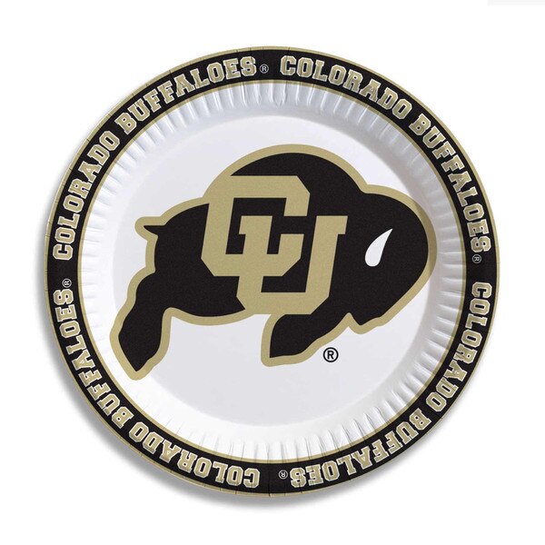 Pack of 25 University of Colorado 9-inch paper plates with CU Buffs logo and Colorado Buffaloes border